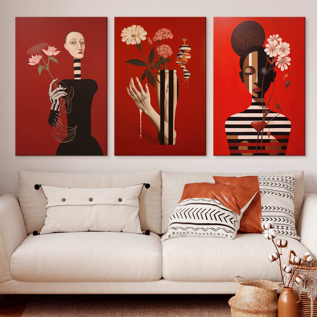 Serie schilderijen op rood in een interieur