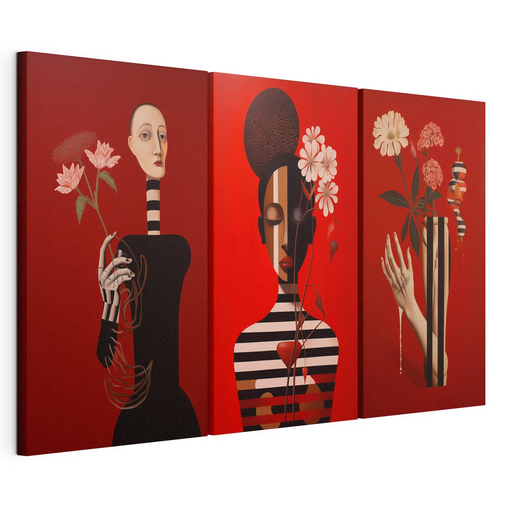 Bloemen en gestreepte figuren, gespannen canvas met doorlopende rand