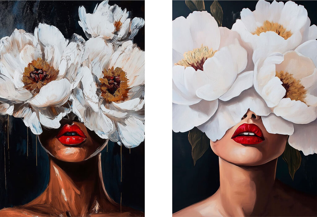 Schilderij van een vrouw met bloemen over haar ogen — volledig ontwerp