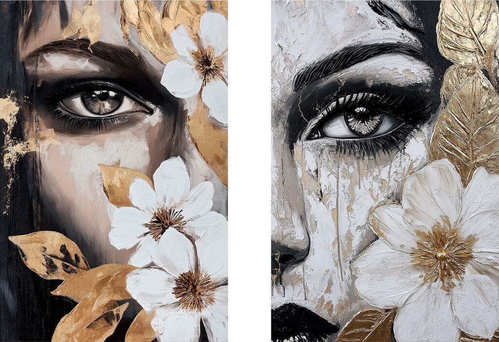 Schilderij van het gezicht van een vrouw met bloemen — volledig ontwerp