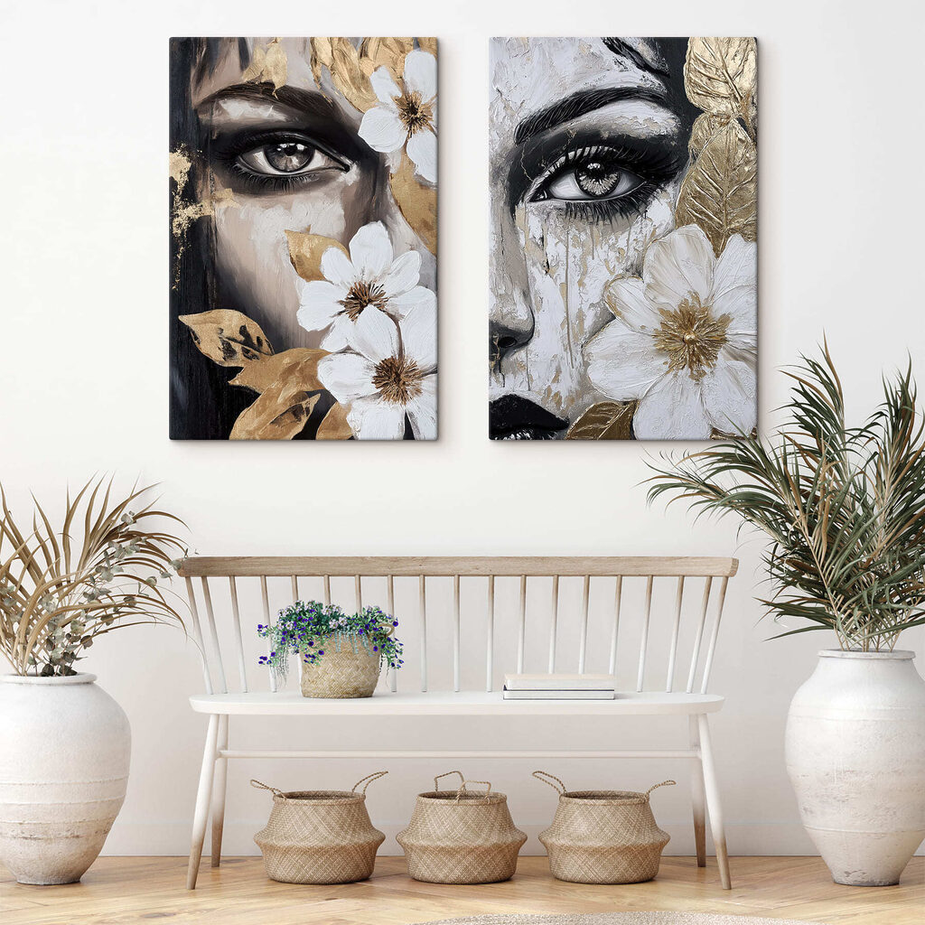 Schilderij van het gezicht van een vrouw met bloemen — interieur 1