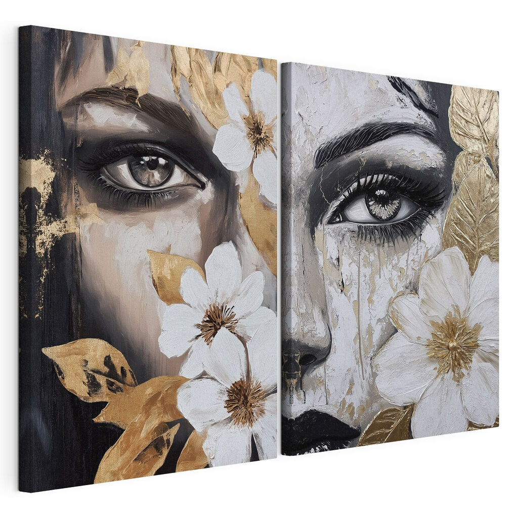 Schilderij van het gezicht van een vrouw met bloemen — productweergave