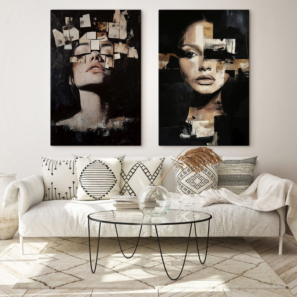 Collage van het gezicht van een vrouw in een interieur
