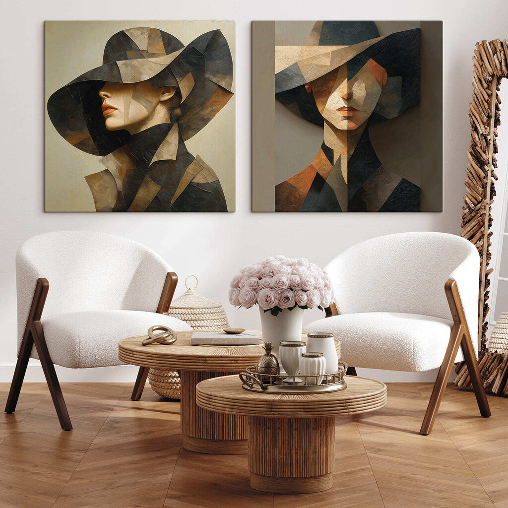 Collage van een schilderij van een vrouw met een hoed in een interieur