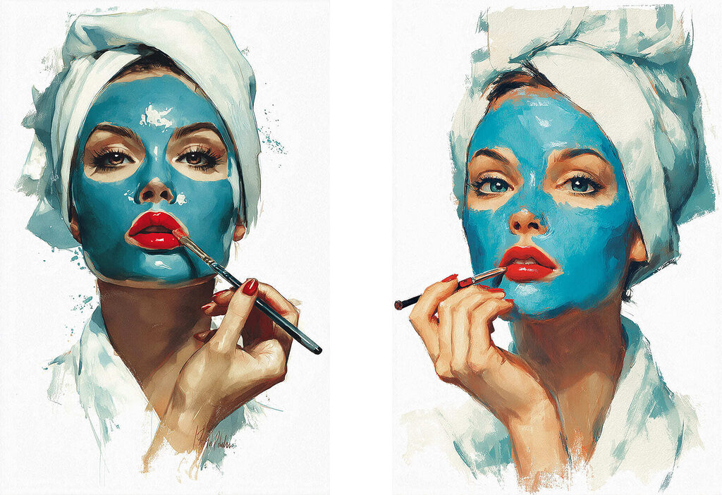 Collage van een vrouw die een blauw masker aanbrengt — volledig ontwerp