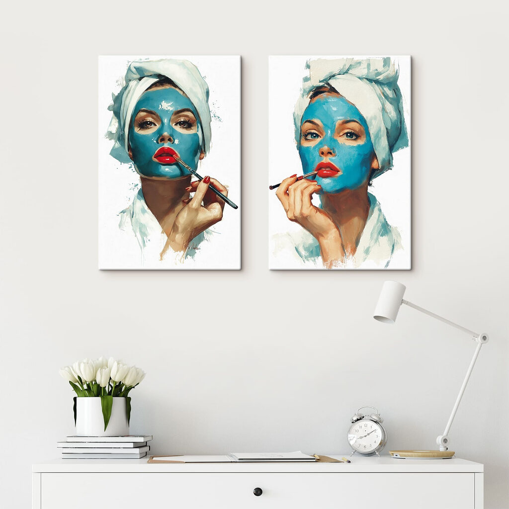 Collage van een vrouw die een blauw masker aanbrengt — interieur 2