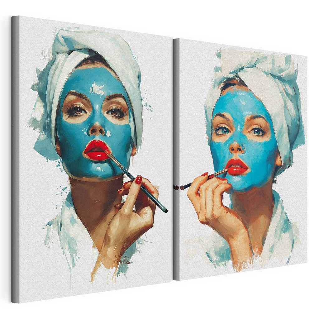Collage van een vrouw die een blauw masker aanbrengt — productweergave