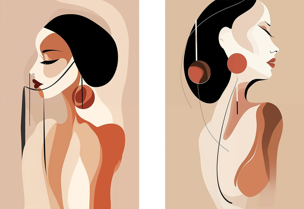 Vrouw met zwart haar en oorbellen — volledig ontwerp