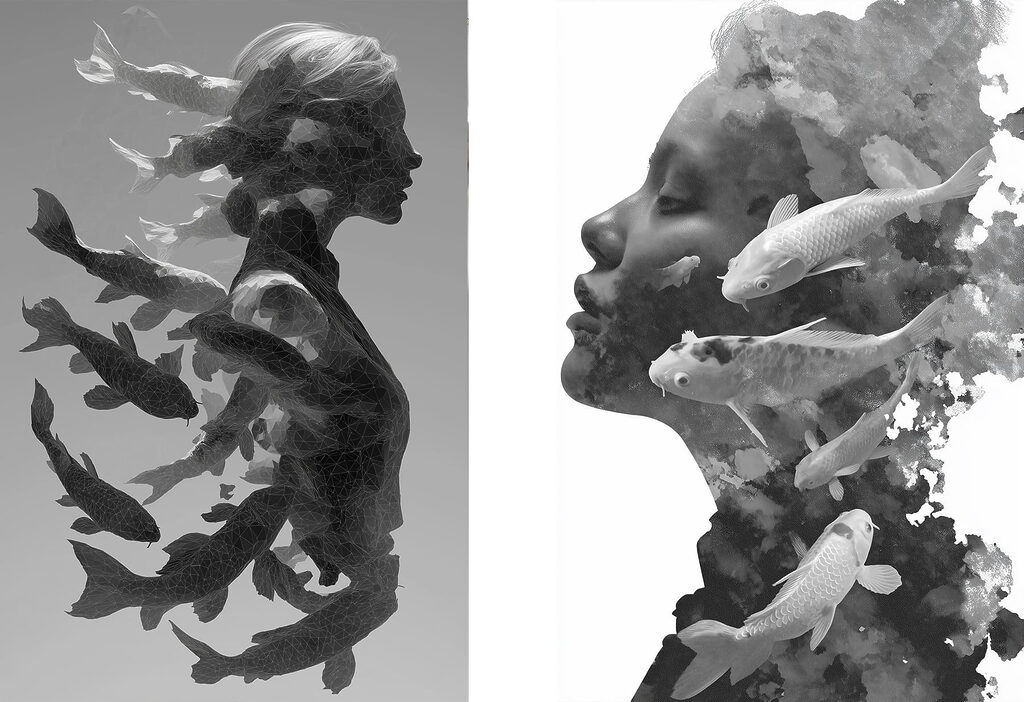 Profiel van een vrouw met een vis en water — volledig ontwerp