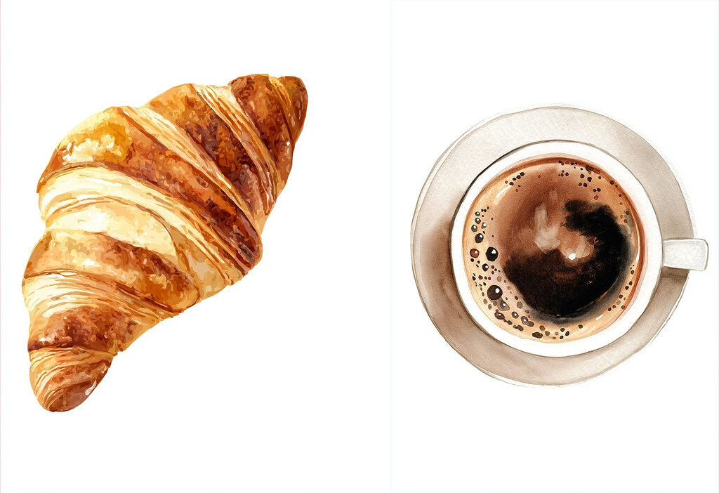 Een croissant en een kopje koffie — volledig ontwerp
