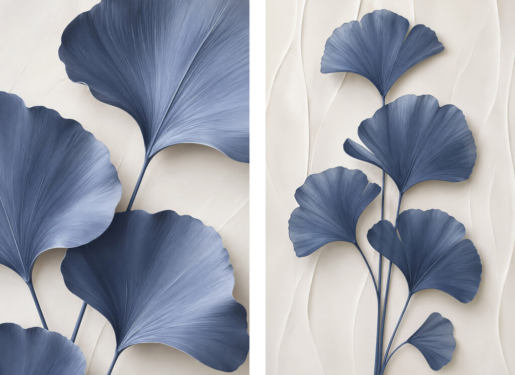 Blauwe bladeren als waaiers — volledig ontwerp