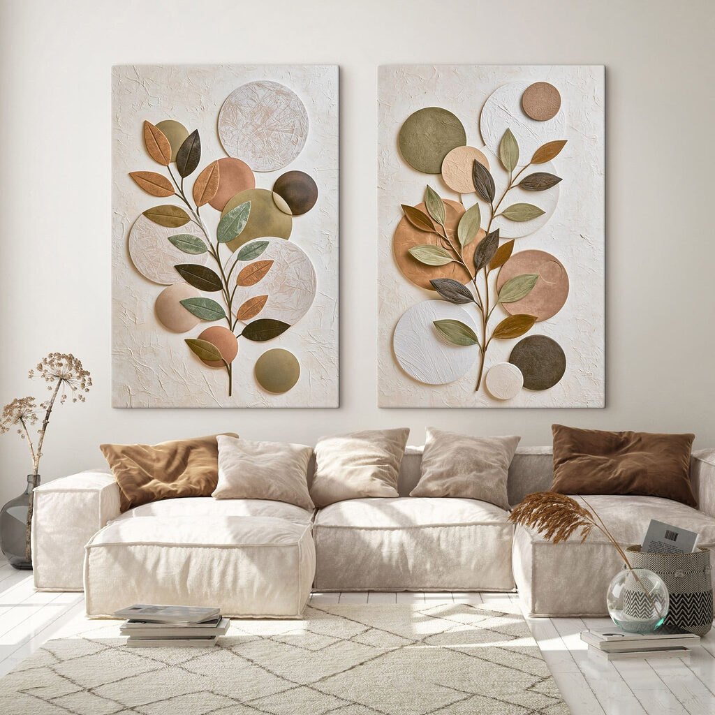 Collage van een plant met bladeren en cirkels in een interieur