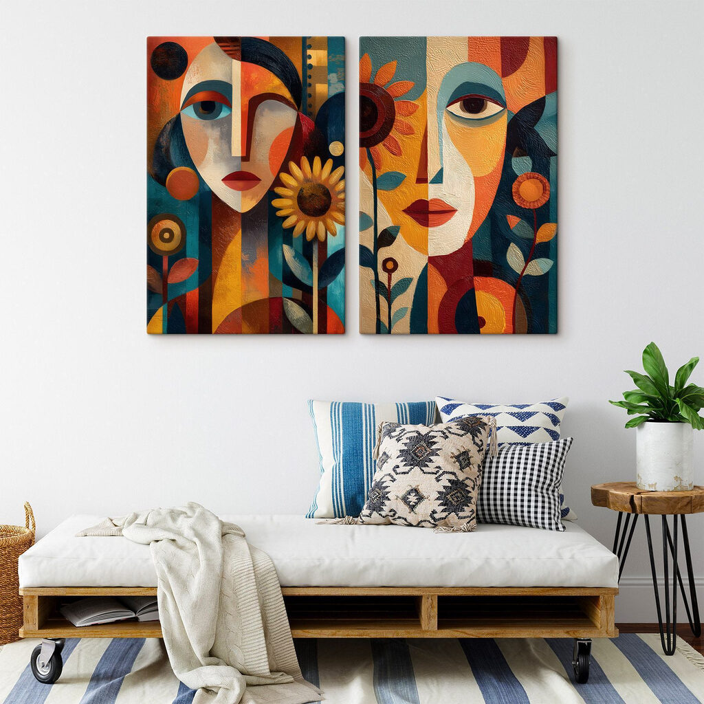 Collage van een schilderij van een vrouw en een vrouw in een interieur