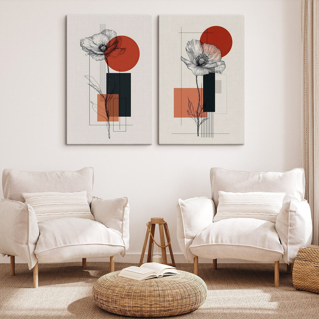 Collage van bloemen en geometrische vormen in een interieur