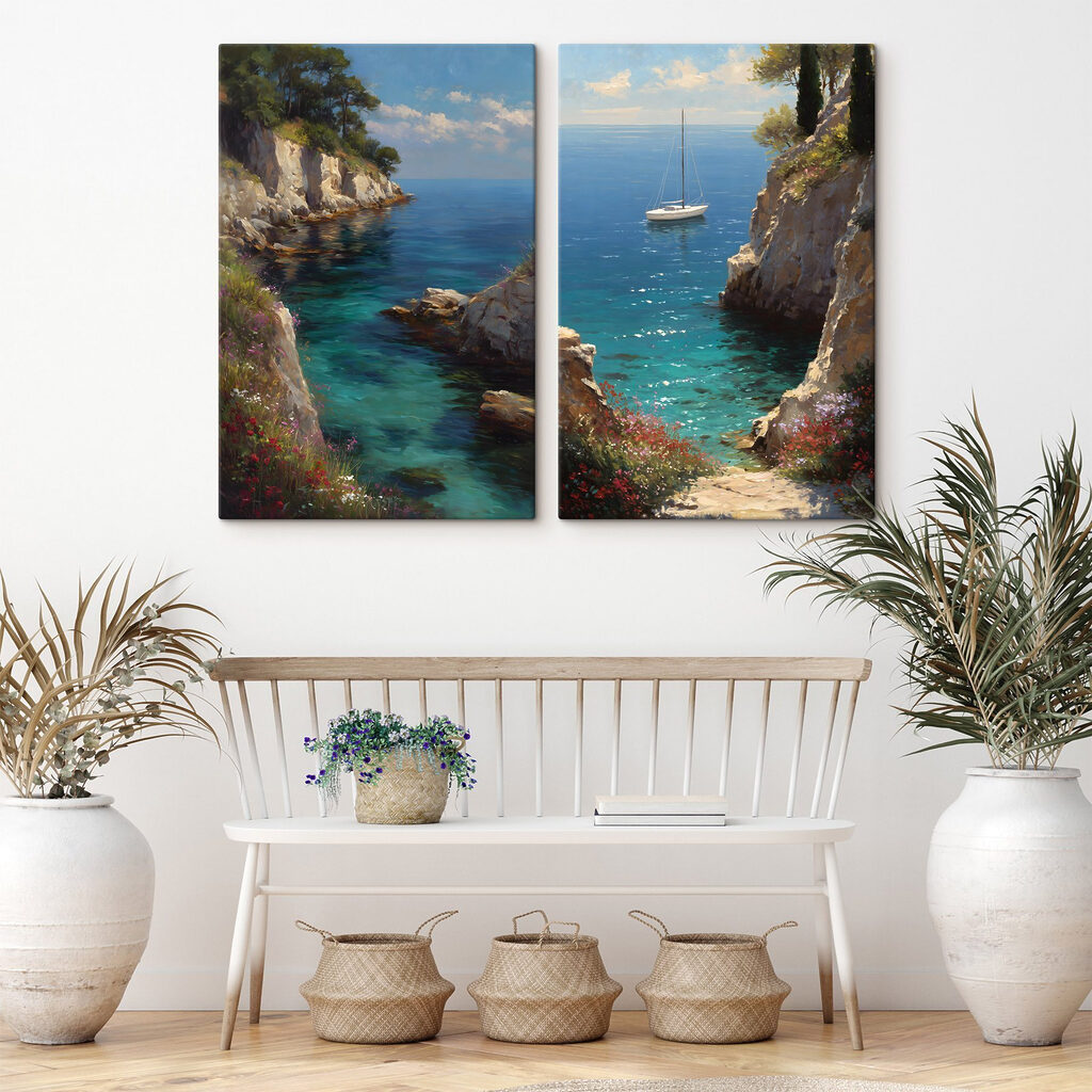 Schilderij van een zeilboot op de oceaan in een interieur