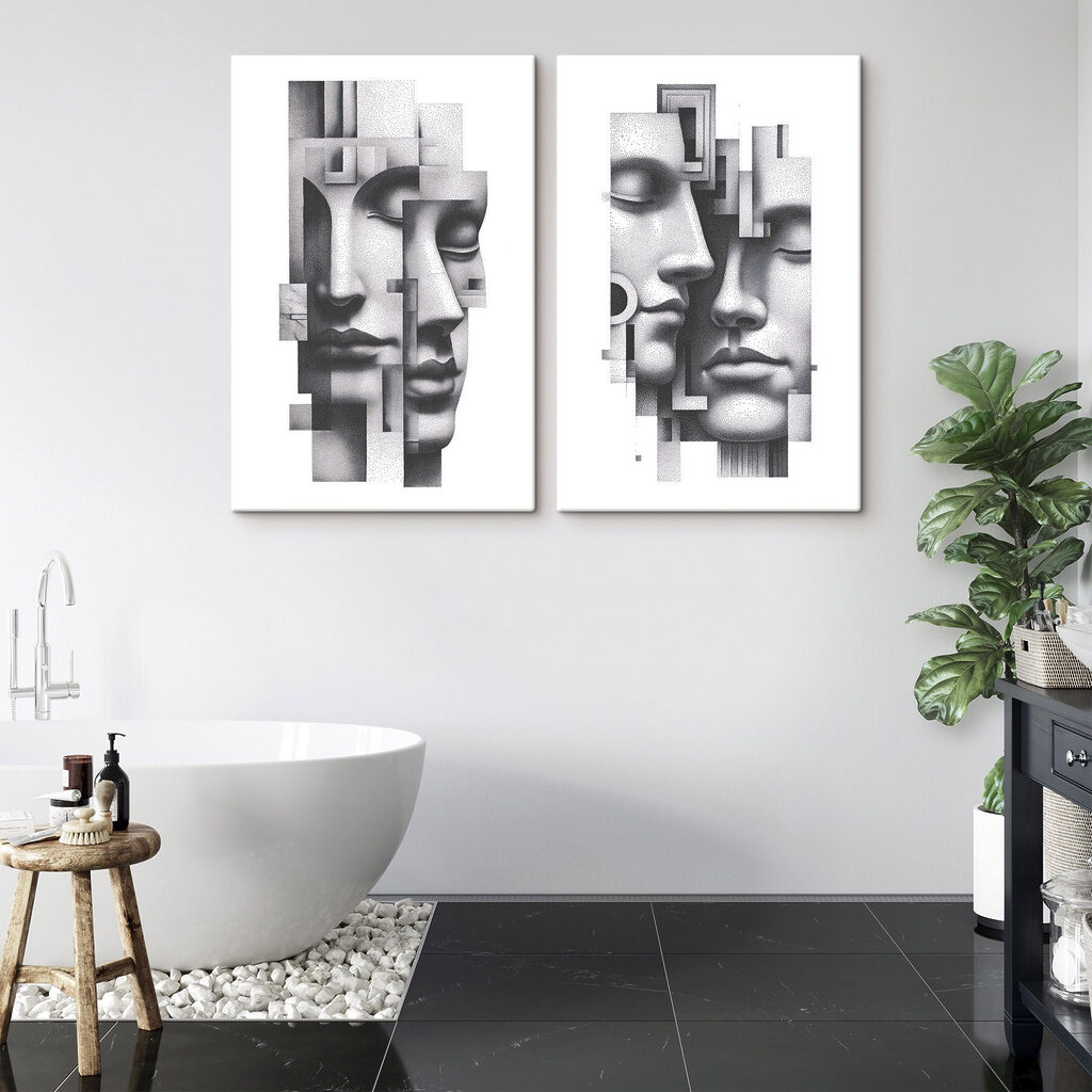 Gezichten die in abstracte harmonie met elkaar verweven zijn in een interieur