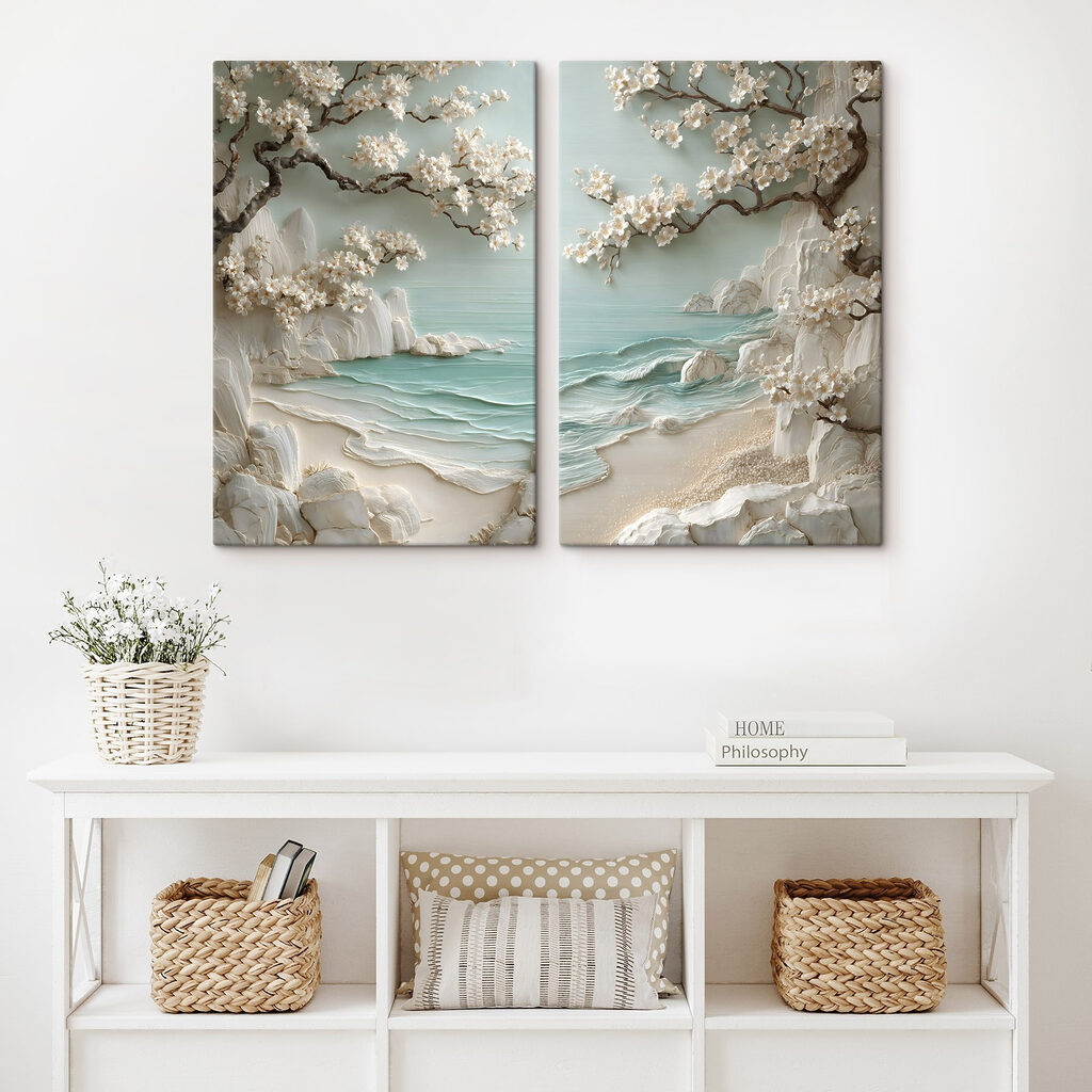 Schilderij van een strand en een boom in een interieur