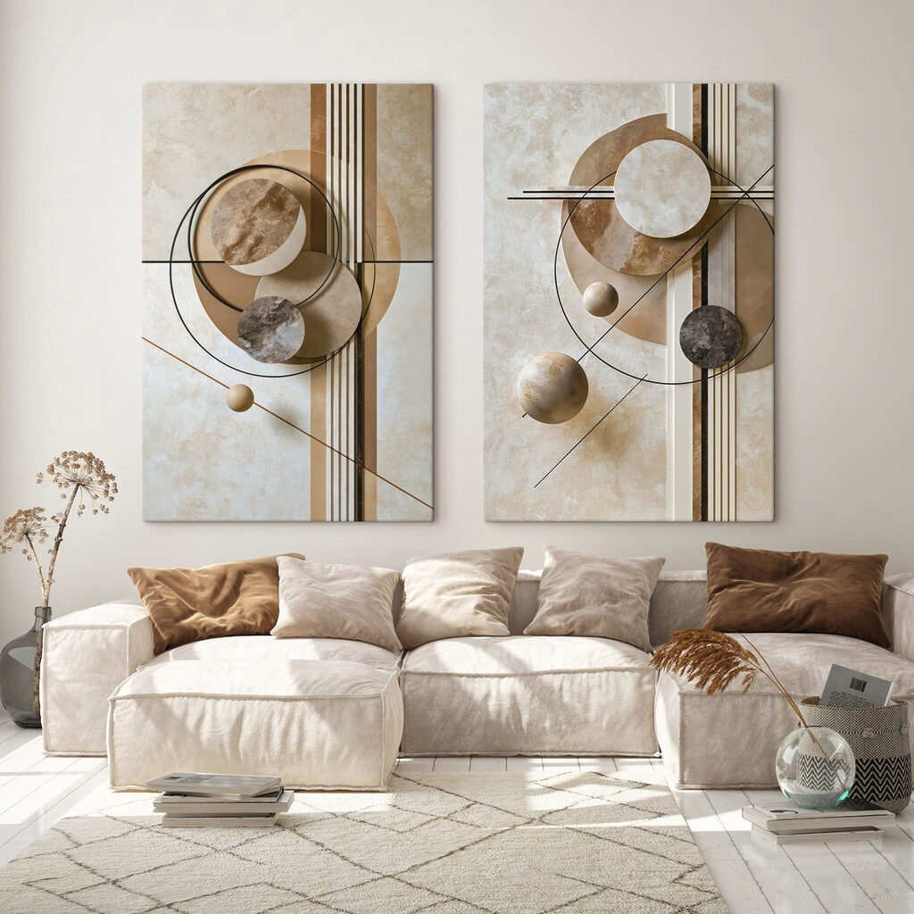 Collage van kunst met cirkels en lijnen in een interieur