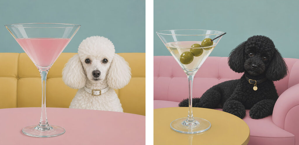 Hond die aan een tafel zit met een martiniglas — volledig ontwerp