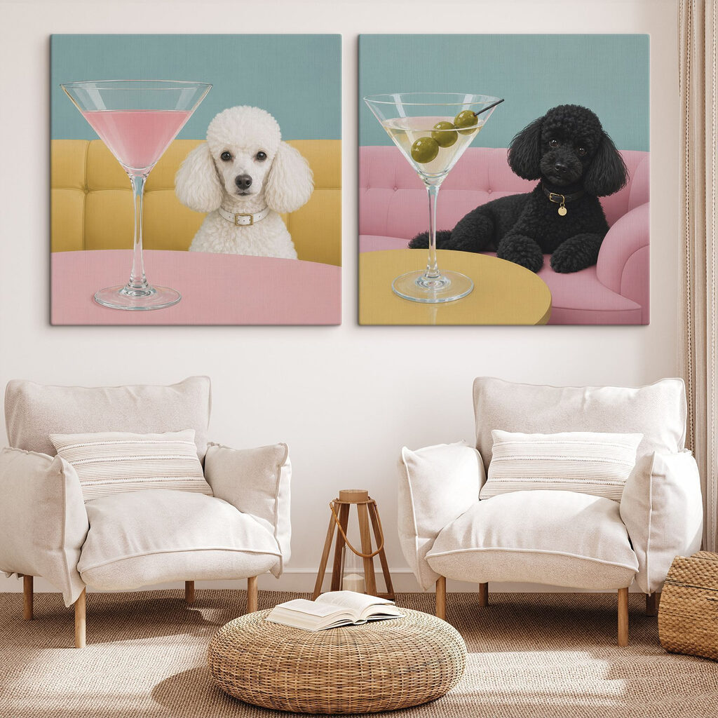 Hond die aan een tafel zit met een martiniglas — interieur 2
