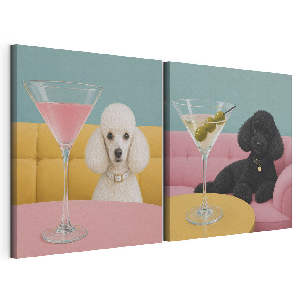 Hond die aan een tafel zit met een martiniglas — productweergave