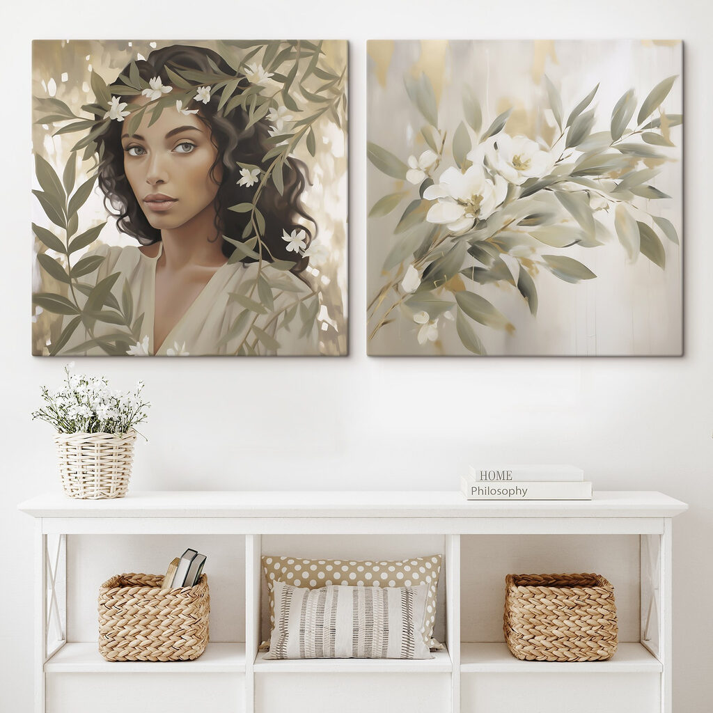 Schilderij van een vrouw met bloemen in een interieur