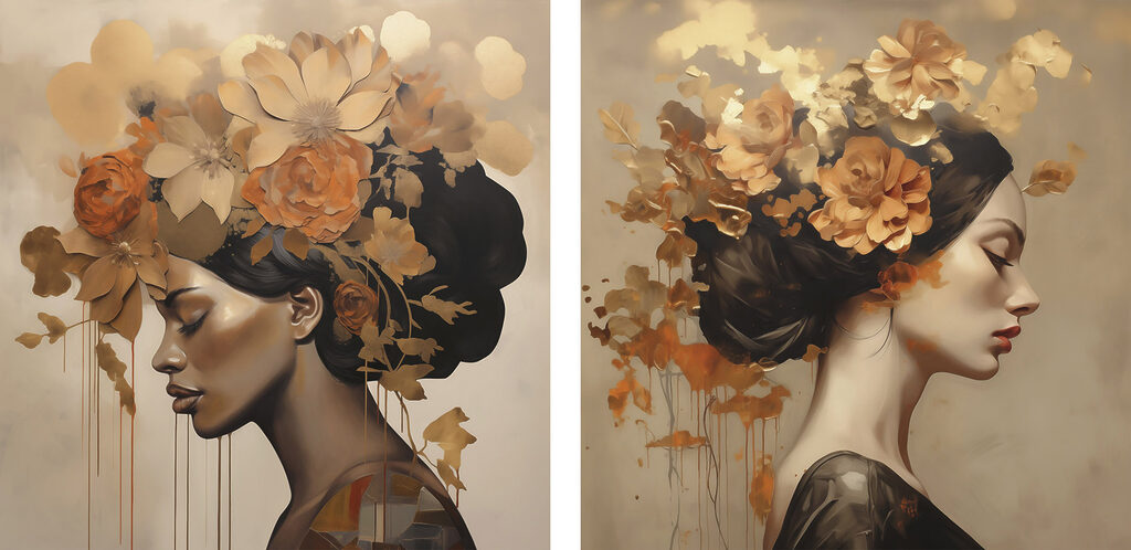 Schilderij van een vrouw met bloemen in haar haar — volledig ontwerp