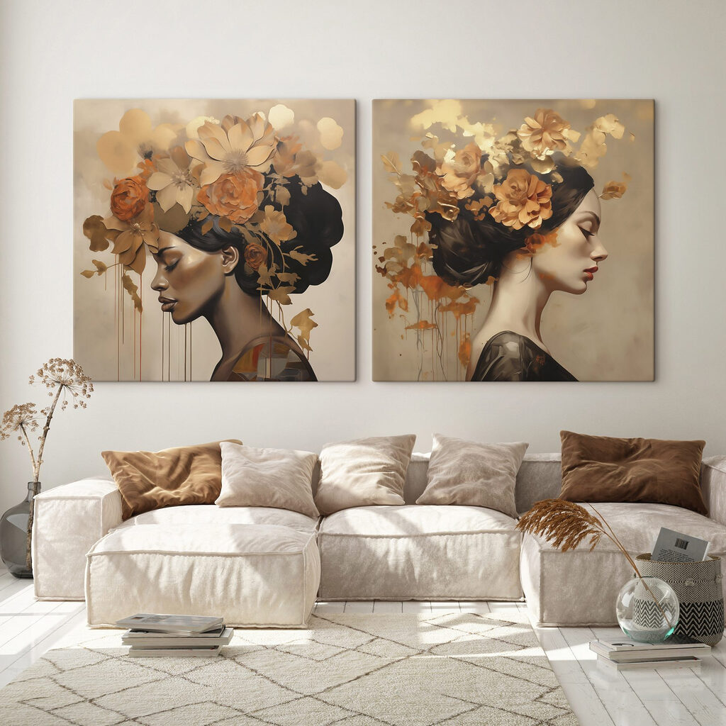 Schilderij van een vrouw met bloemen in haar haar in een interieur