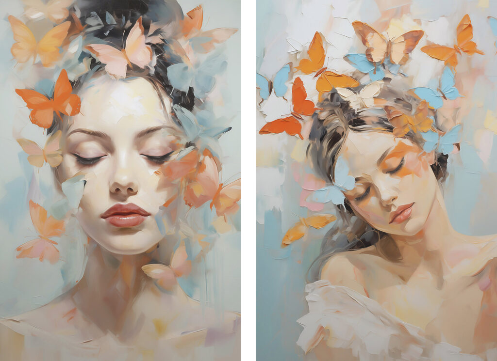 Collage van een vrouw met vlinders in haar haar — volledig ontwerp