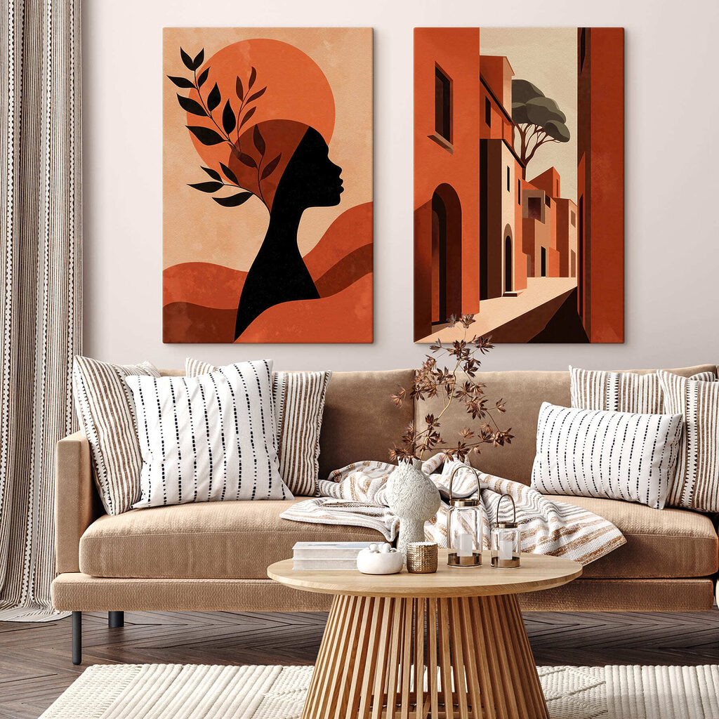 Vrouw met een hoed op haar hoofd en een straat met gebouwen in een interieur