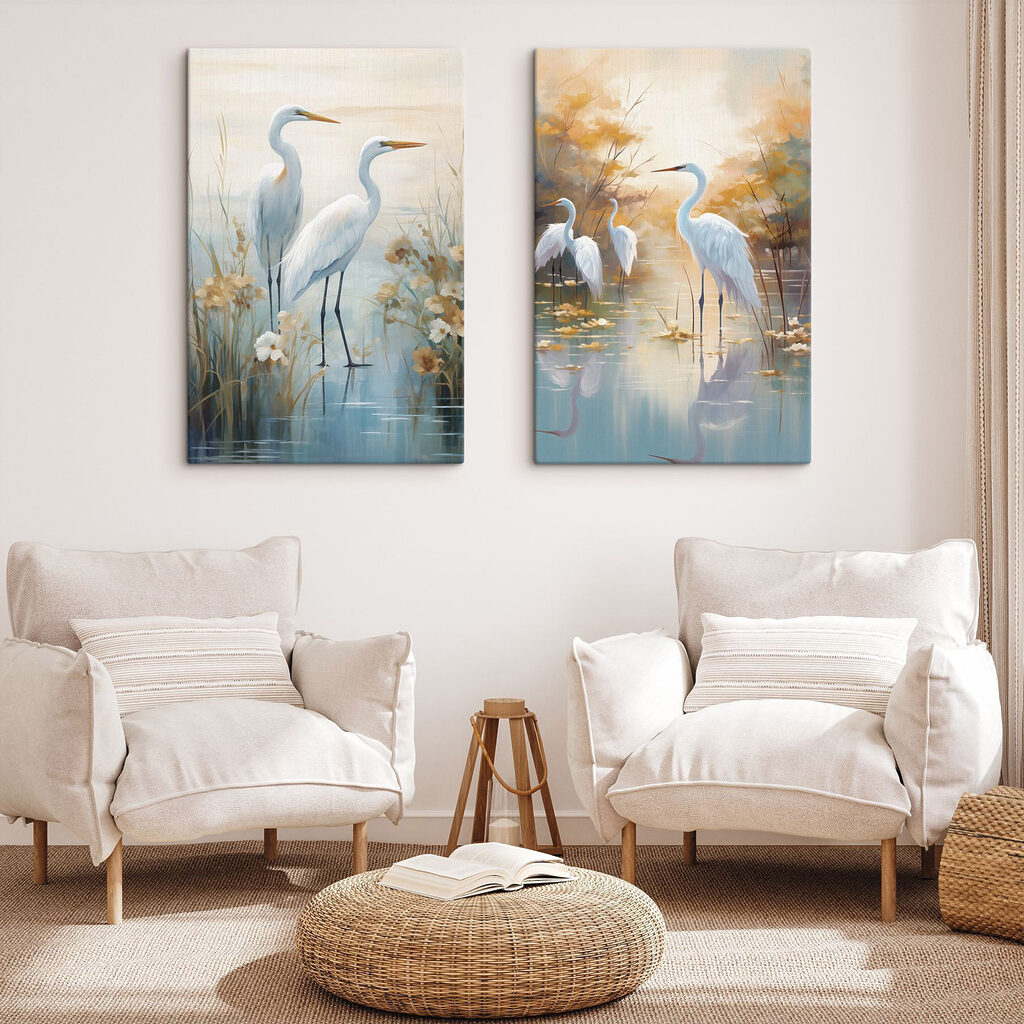 Een paar witte vogels in het water in een interieur
