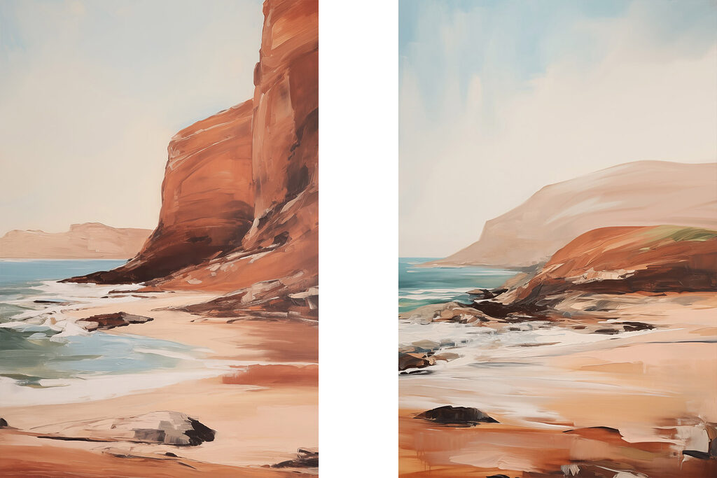 Schilderij van een strand en een rotsachtige klif — volledig ontwerp
