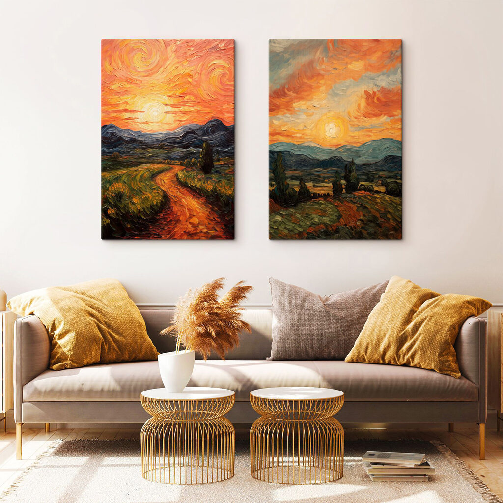 Schilderij van een weg en bergen in een interieur