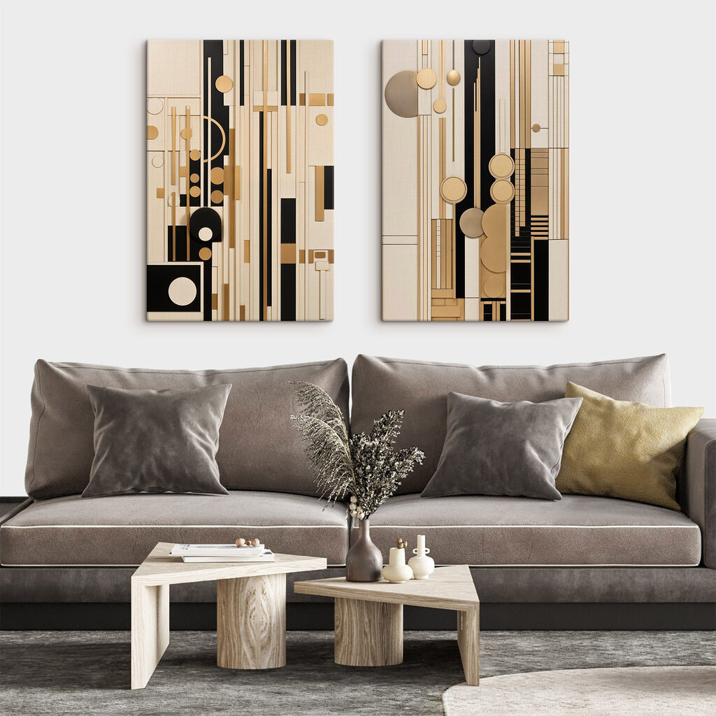 Collage van kunstwerken met verschillende vormen en kleuren — interieur 2
