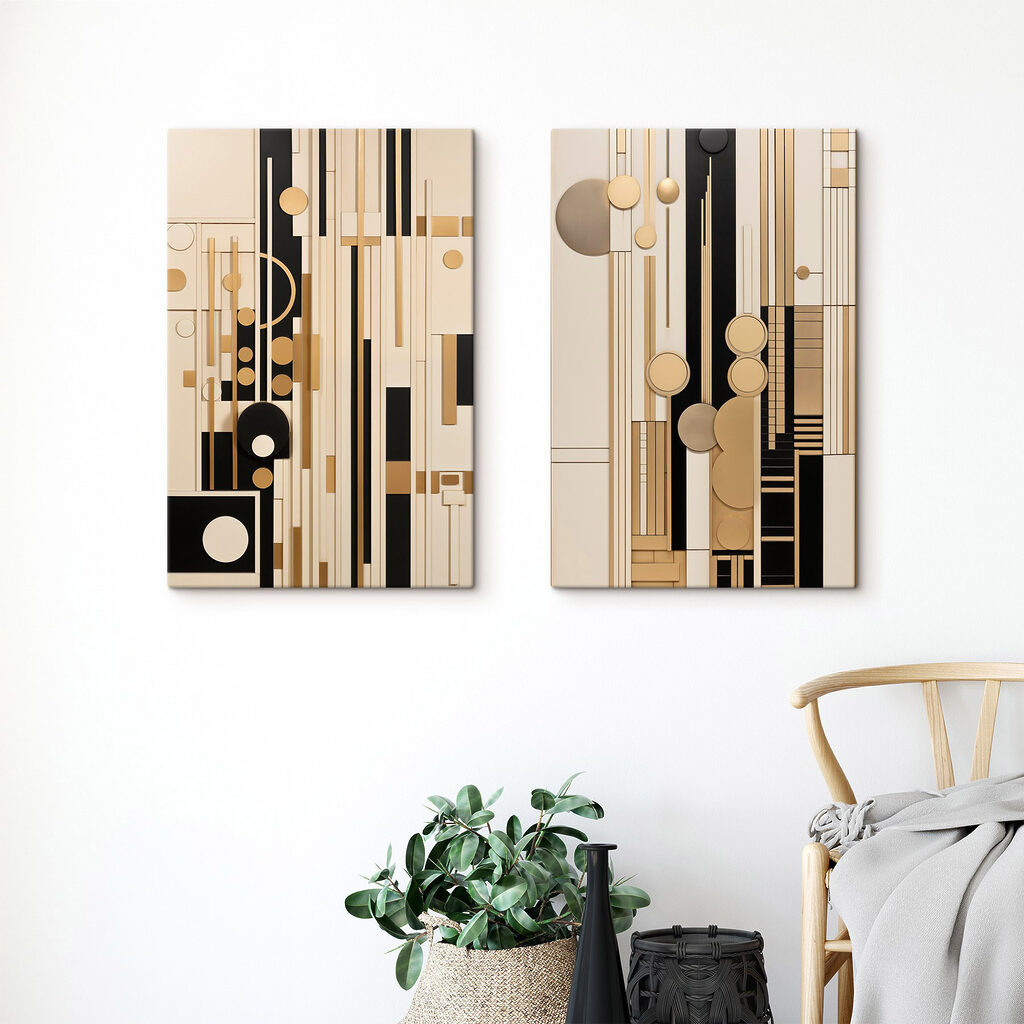 Collage van kunstwerken met verschillende vormen en kleuren in een interieur