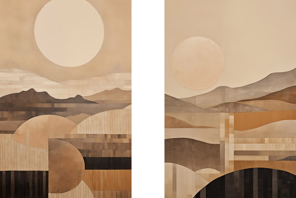 Schilderij van heuvels en de zon — volledig ontwerp
