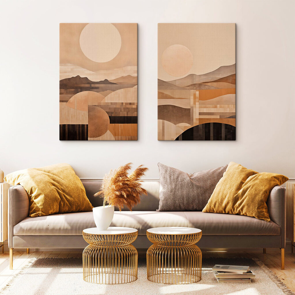 Schilderij van heuvels en de zon — interieur 1