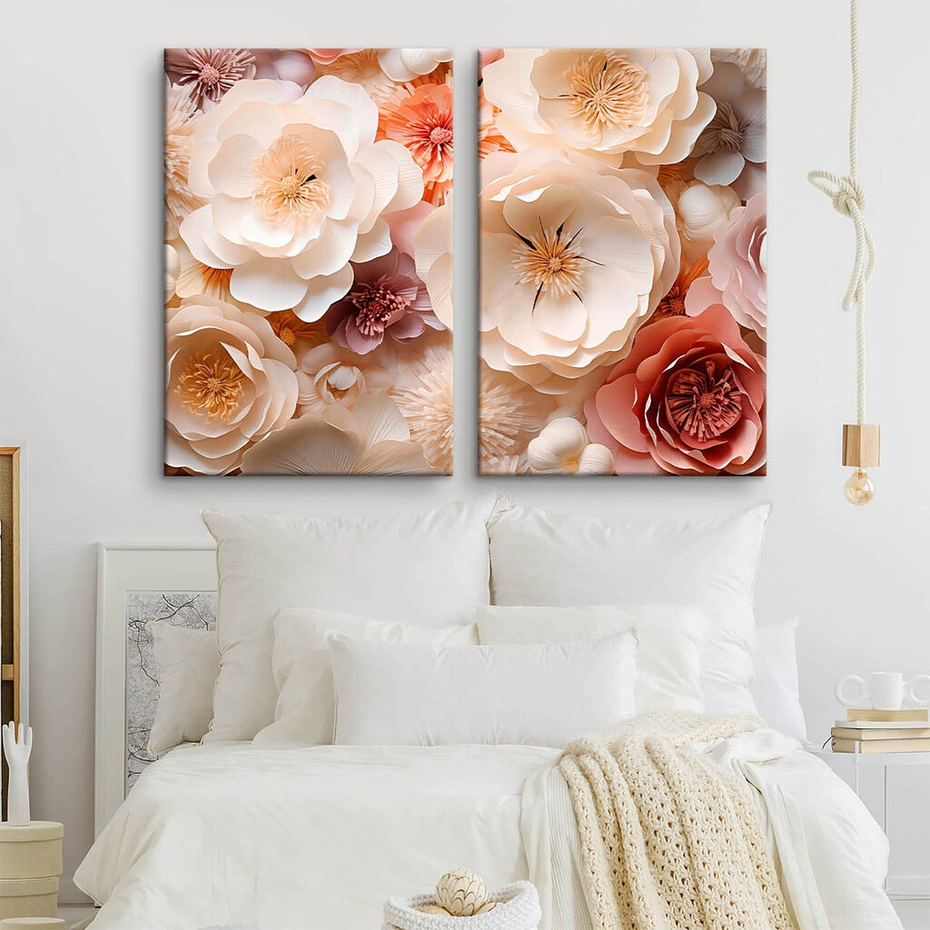 Collage van papieren bloemen in een interieur