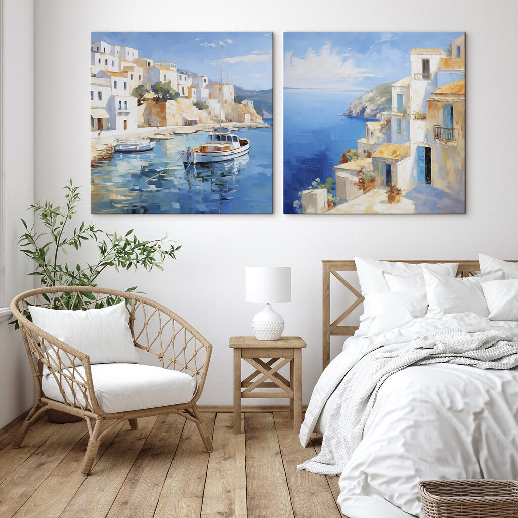 Schilderij van een boot in het water in een interieur