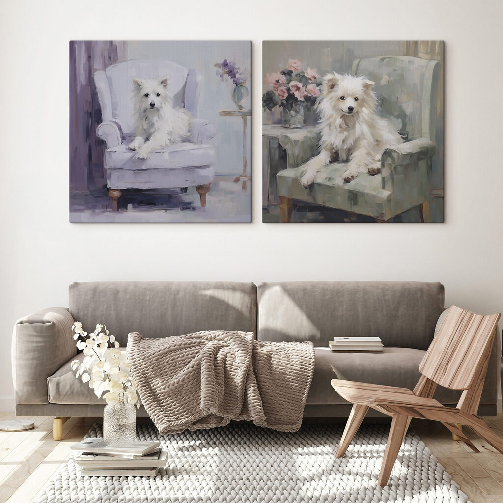 Schilderij van een hond die op een stoel zit in een interieur
