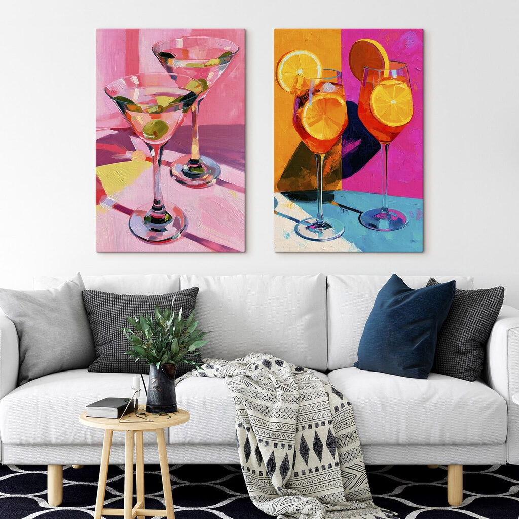 Schilderij van een paar martiniglazen in een interieur