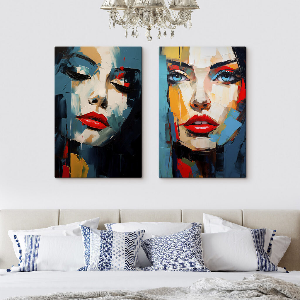 Collage van het gezicht van een vrouw in een interieur