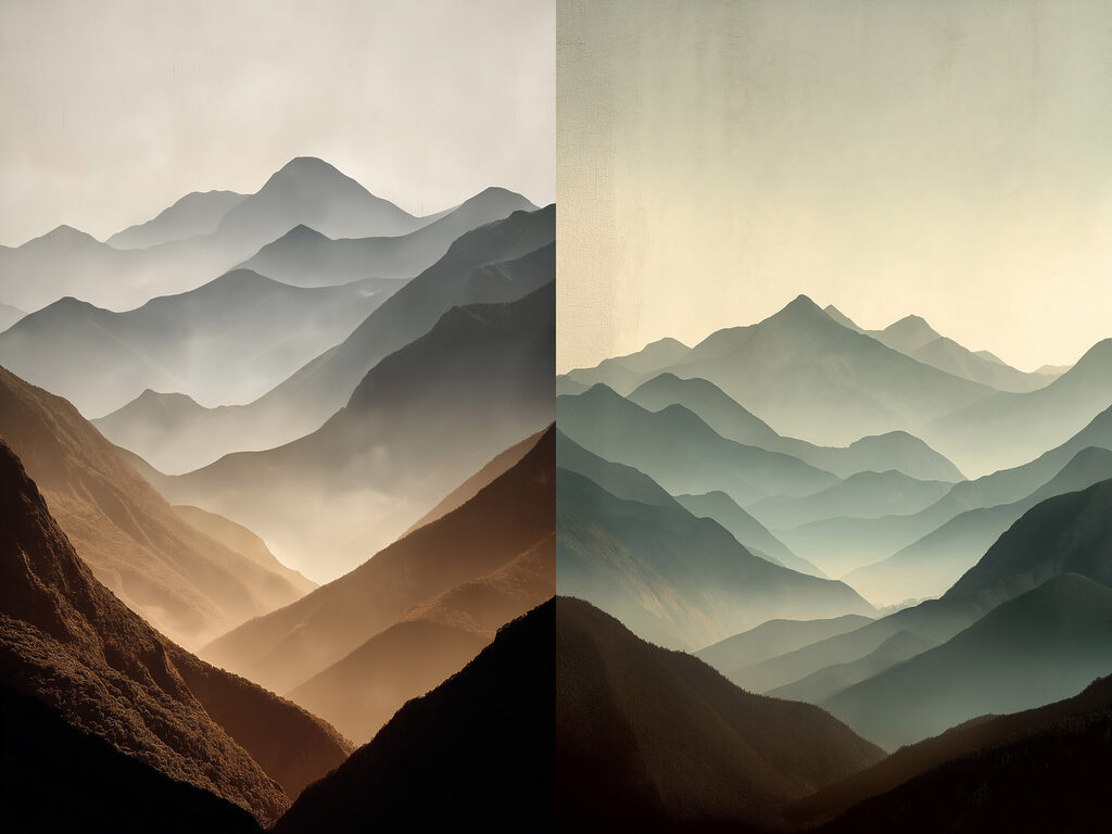 Vergelijking van bergen met mist — volledig ontwerp