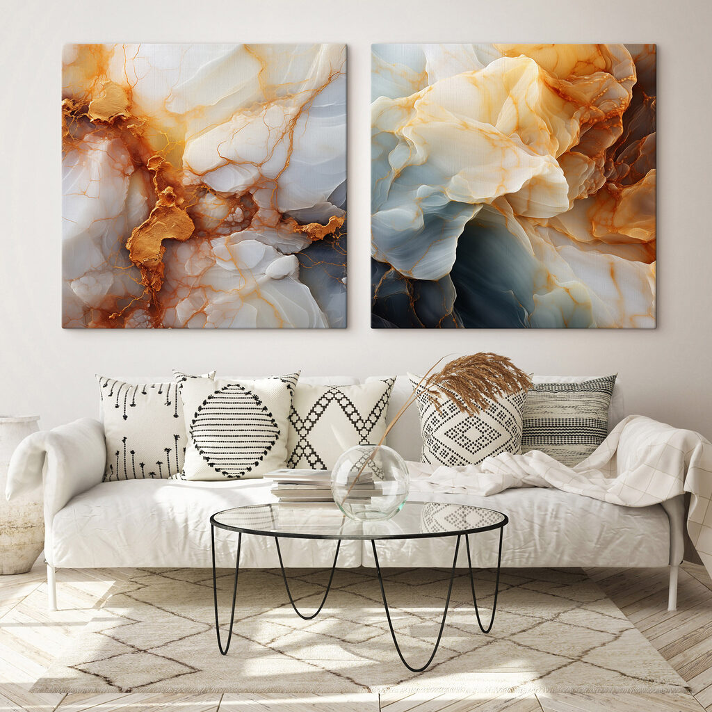 Abstracte wervelingen in zachte kleuren in een interieur