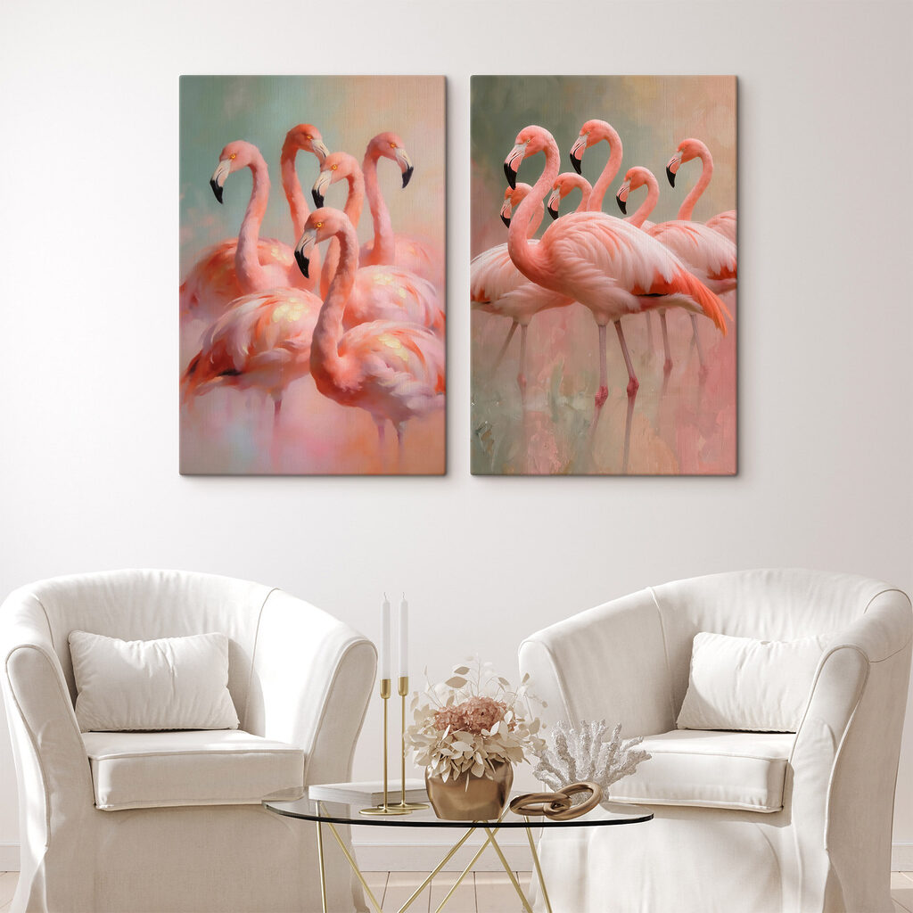 Een groep flamingo’s die bij elkaar staan in een interieur