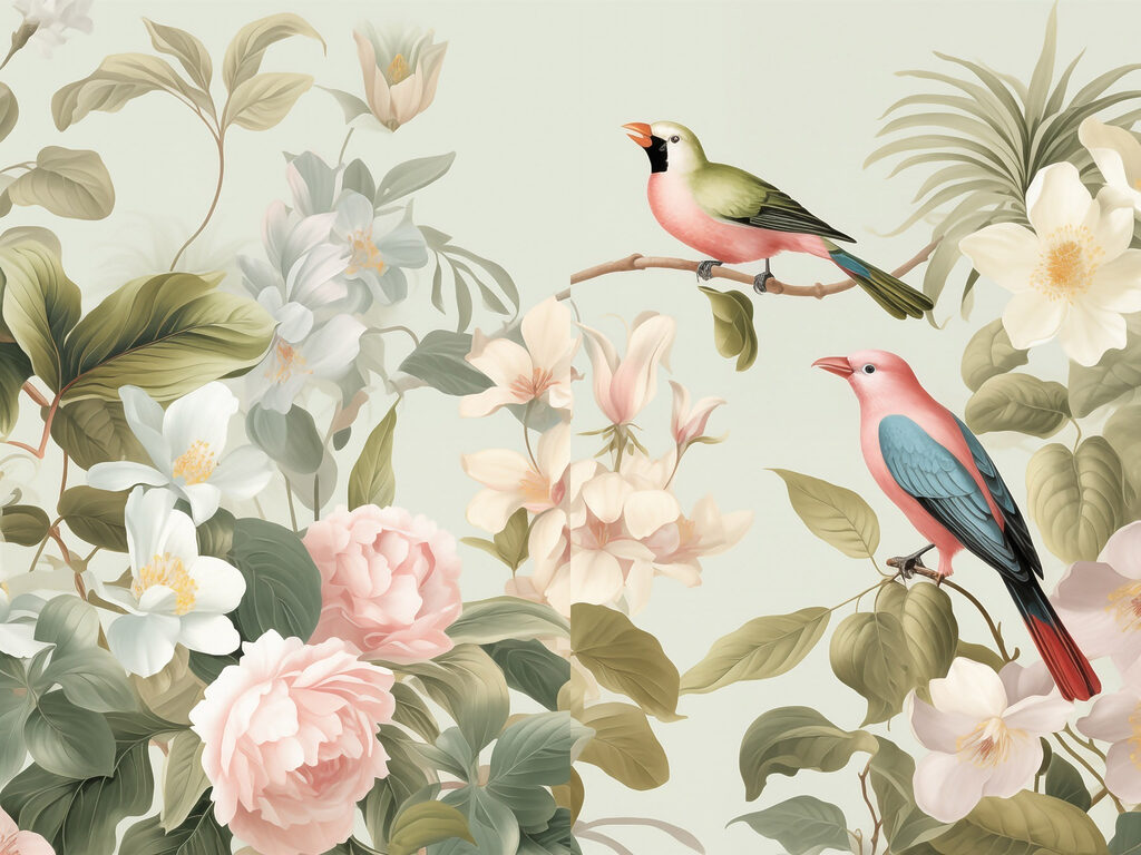 Een paar vogels op een tak met bloemen — volledig ontwerp