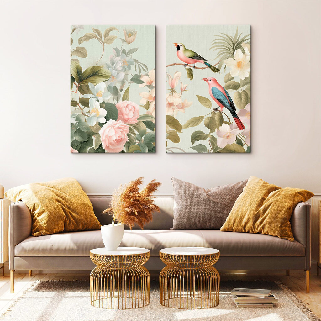 Een paar vogels op een tak met bloemen — interieur 1