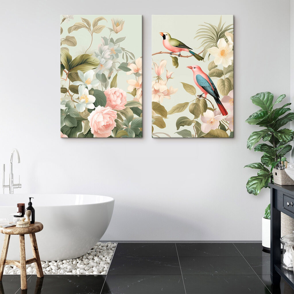 Een paar vogels op een tak met bloemen — interieur 2