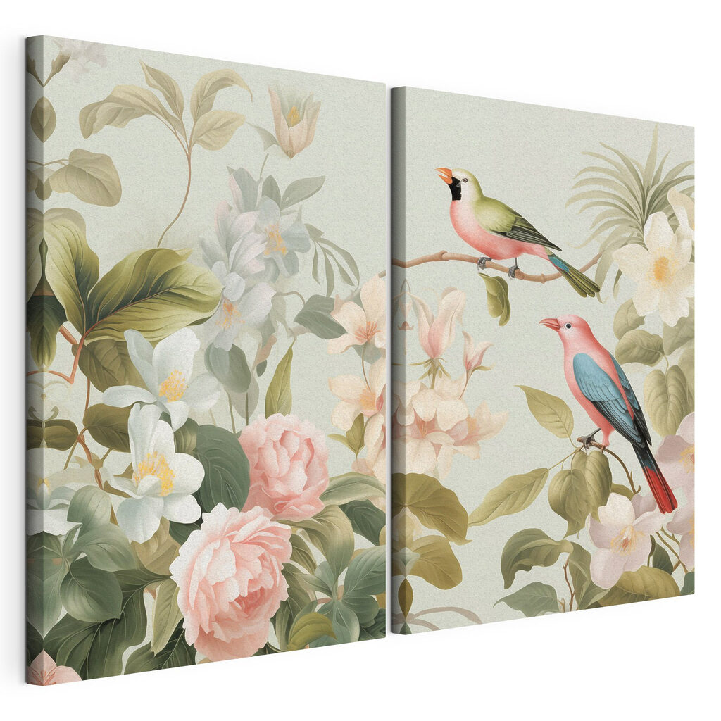 Een paar vogels op een tak met bloemen — productweergave