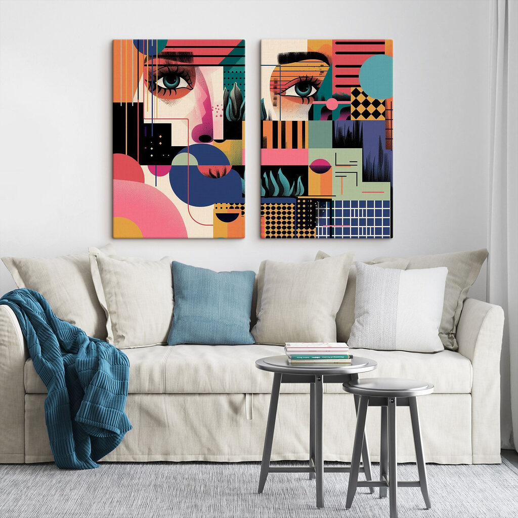 Kleurrijke afbeelding van het gezicht van een vrouw in een interieur